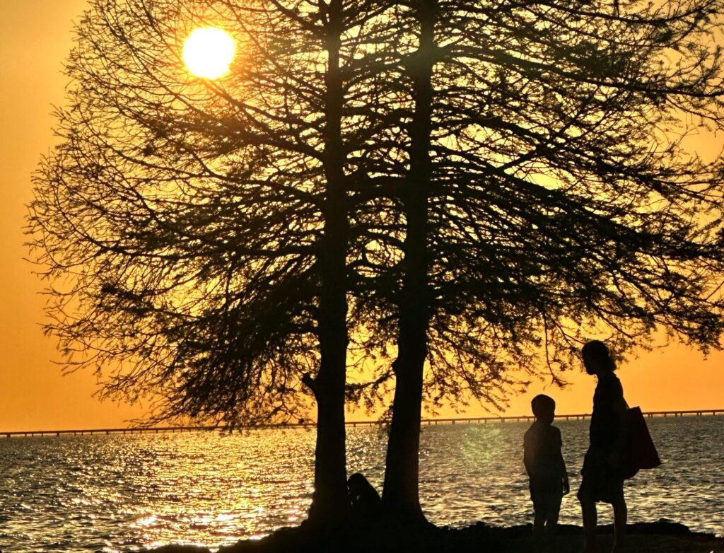 women and child's silhouette against the sunset at the beach at fountainebleau state park